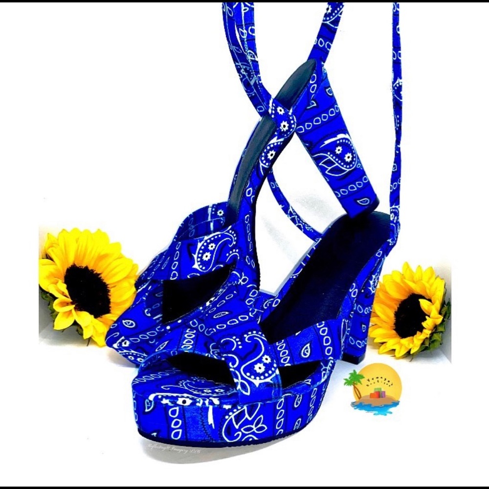 Blue Paisley Chunky Heeled Sandal.